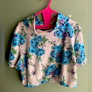 Crop blue floral top with mock turtle neck